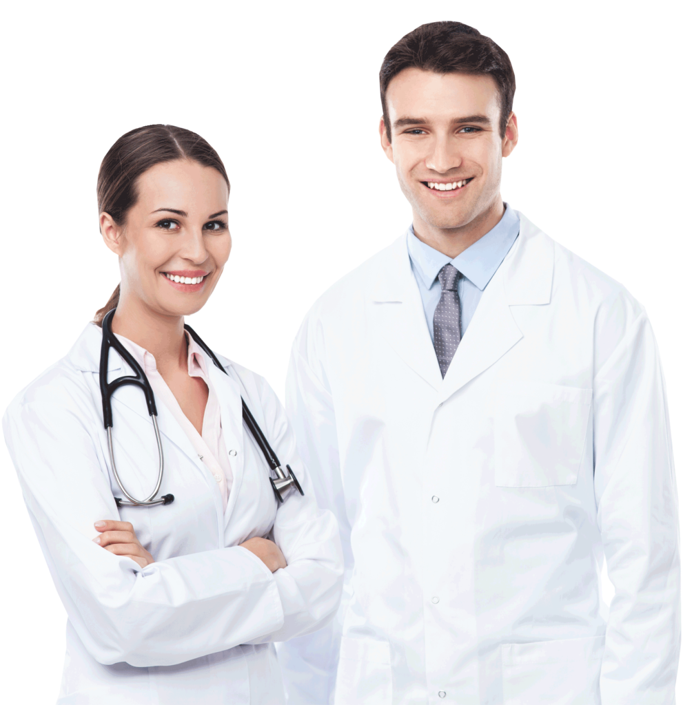 Female doctor and male doctor standing side by side