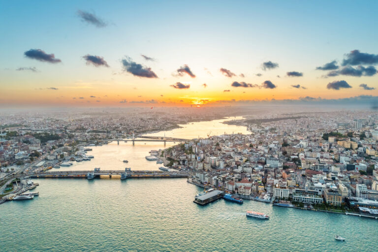 aerial drone view of istanbul turkey during sunset