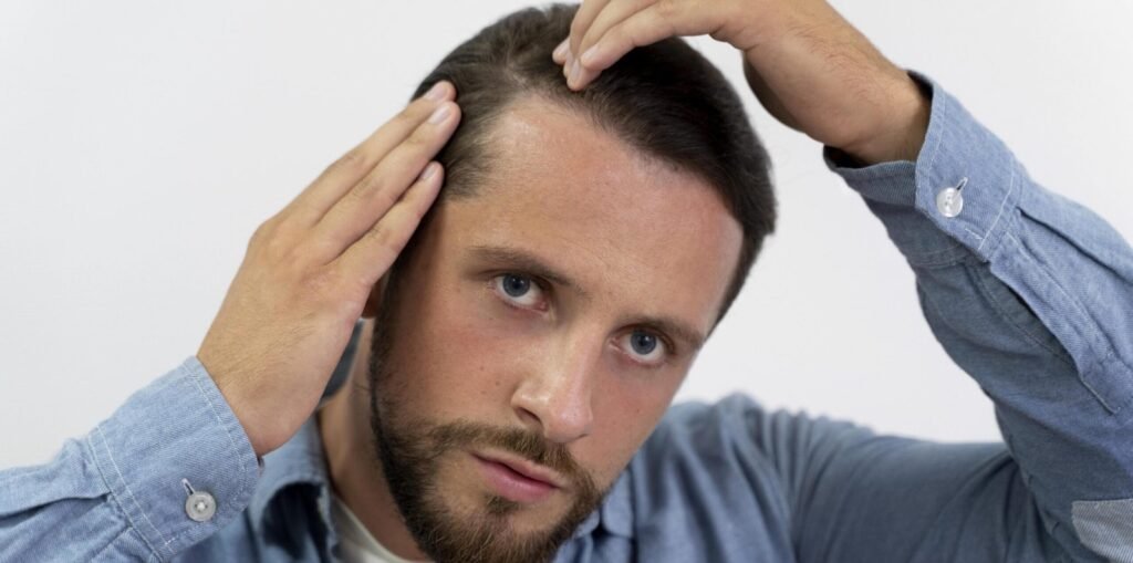 Adult male looking at his hair