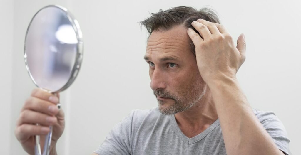 man looking at hair in hand held mirror