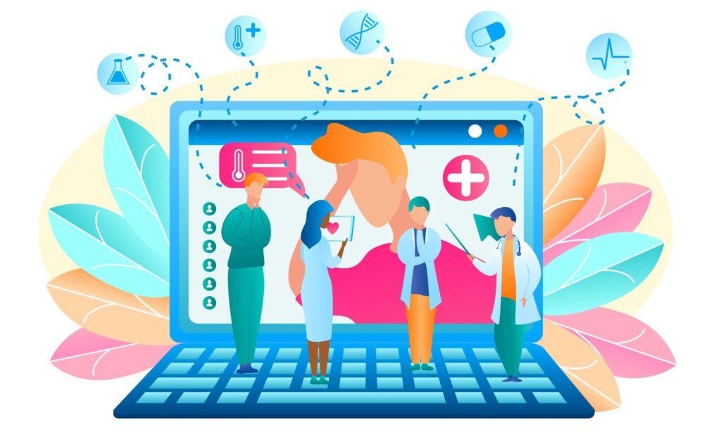 illustration of a computer with different types of medical professionals standing on the keyboard. in the background, there as an illustration of a person who is seeking medical support on online
